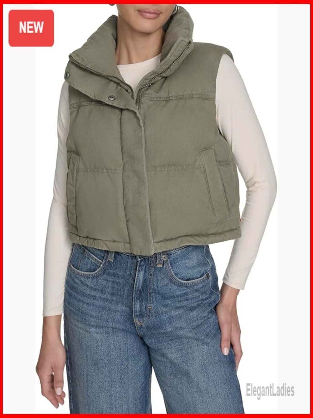 Cropped Cotton Puffer Vest, Sleeveless, Lightweight Quilted, Full Zip